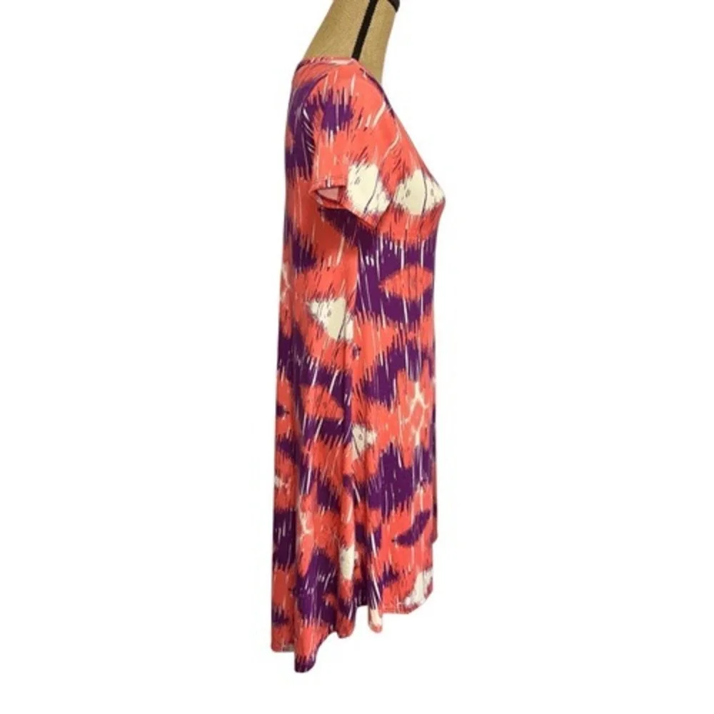LuLaRoe Carly Swing Dress XXS Ikat Abstract Coral Purple High Low Pocket Stretch